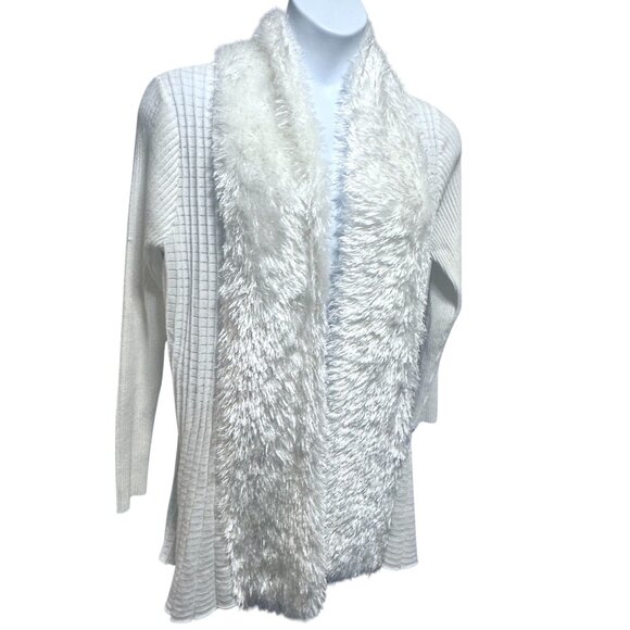 Lauren Michelle Ivory White Faux Fur Open Front Cardigan Size L Long Sleeve - Picture 4 of 11